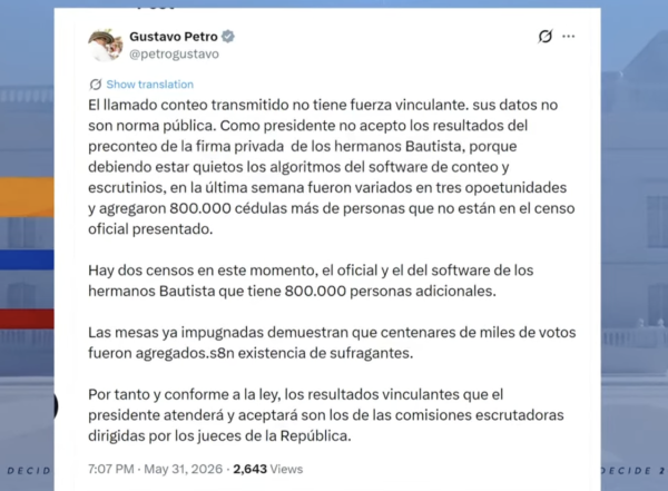 Presidente Petro no acepta el preconteo y denuncia graves irregularidades en el software electoral